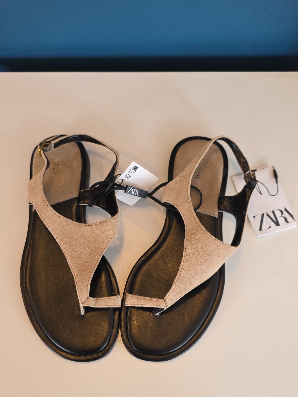 Zara Tan Suede Thong Sandals with Black Footbed